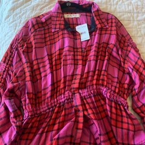 Free People Pink and Red Plaid Blouse
